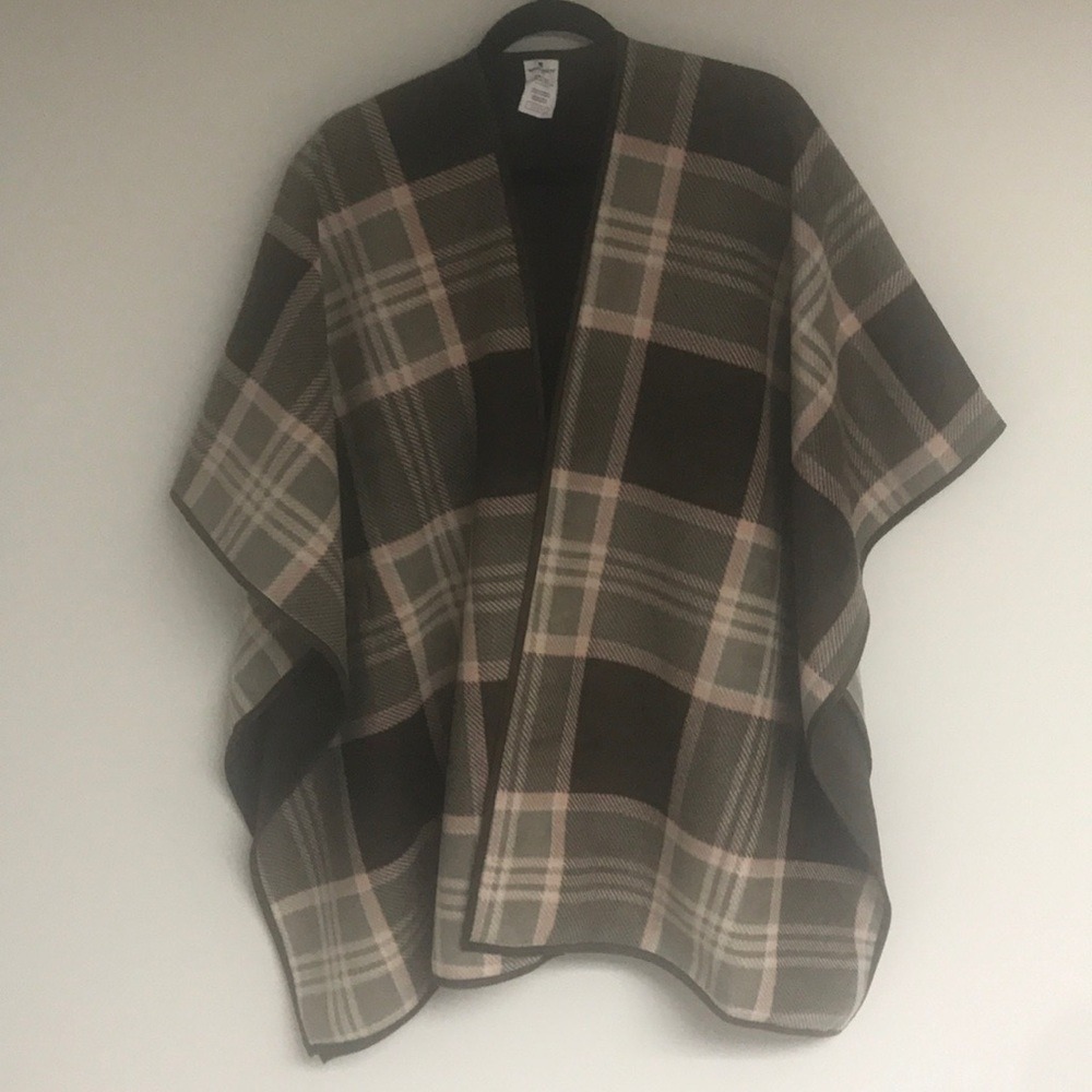 Woolrich Reversible Cape Wrap Brown‎ Pink Plaid Soft Fleece Poncho Excellent